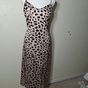 essue Beige Leopard-Print Slip Midi Dress with Black Spots